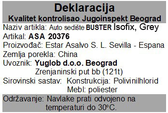 Asalvo auto sedište Buster Isofix Grey R44 20376 deklaracija